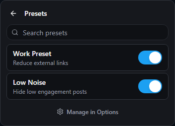Presets subview in popup