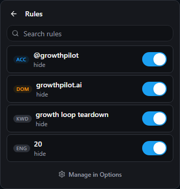 Rules subview in popup