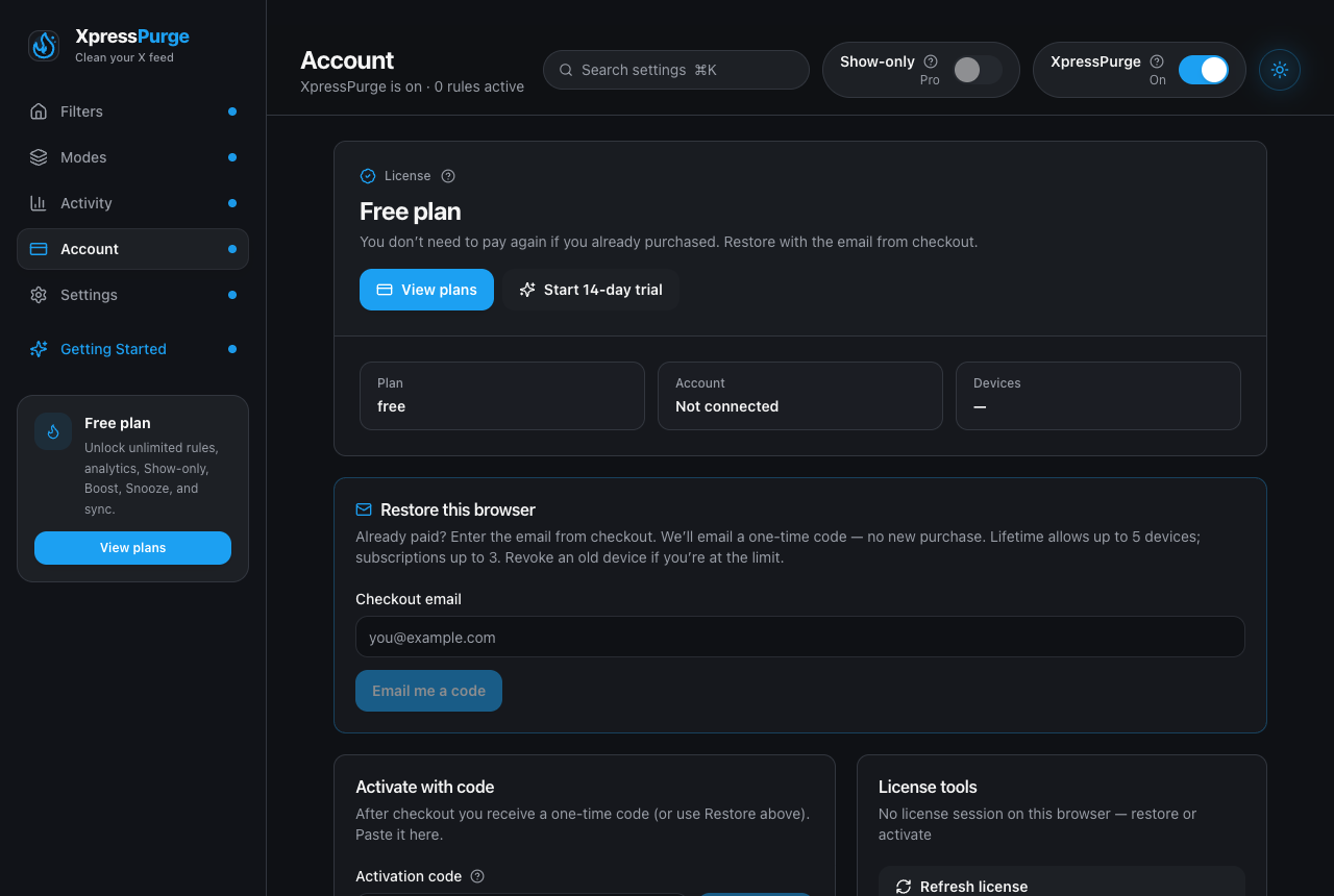 Options → Account on the Free plan: trial start, restore, and activation