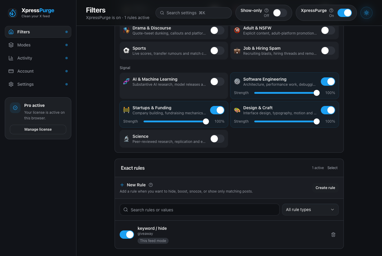 Options → Filters: Smart topics, topic kits, and exact rules