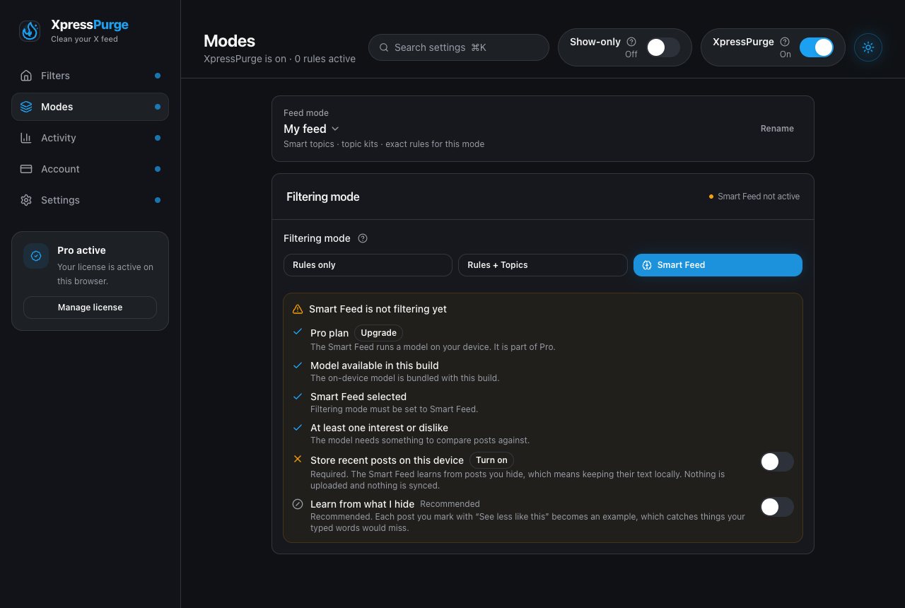 Options → Modes: filtering mode picker and the Smart Feed readiness checklist