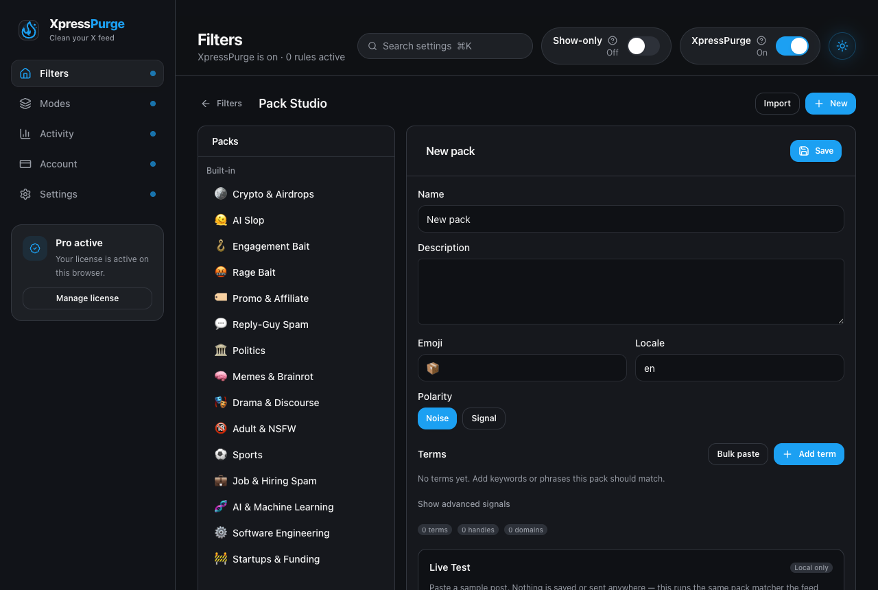 Pack Studio lists every built-in kit alongside your own packs