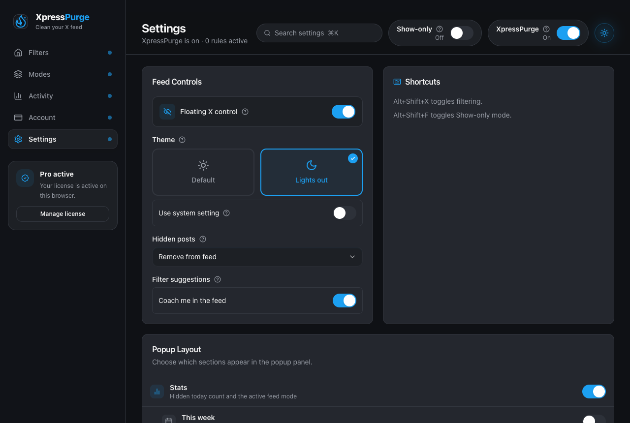 Options → Settings: feed controls, theme, hidden-post behavior, popup layout