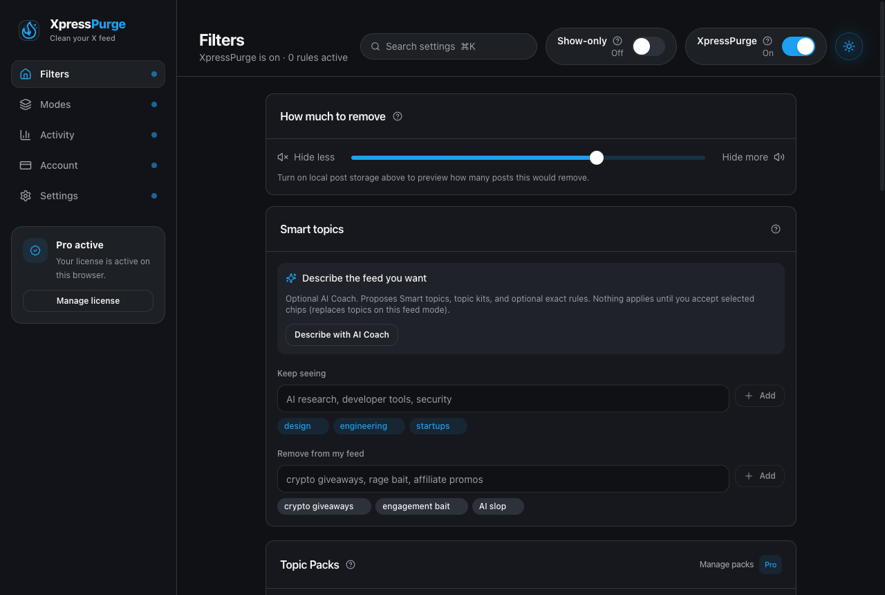 Smart topics on Options → Filters: keep seeing vs remove from my feed