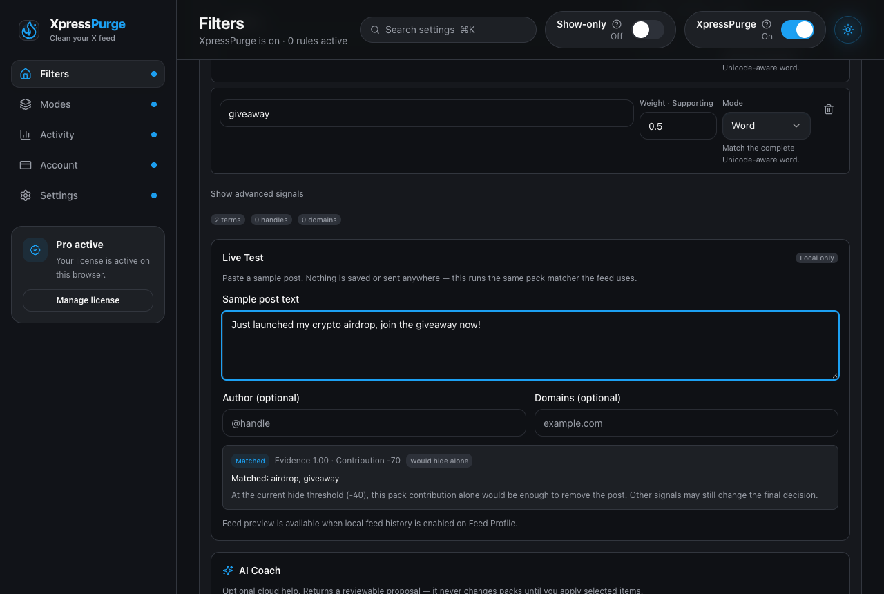 Live Test runs the real pack matcher on a sample post — local only