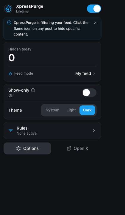 The toolbar popup: master switch, hidden today, feed mode