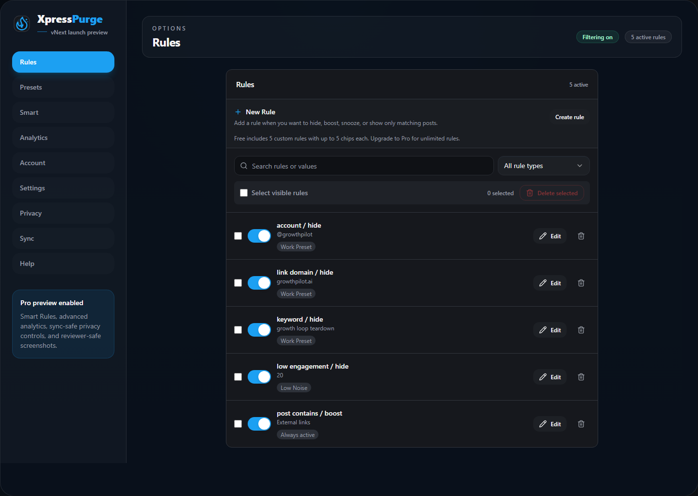 Rules tab in Options