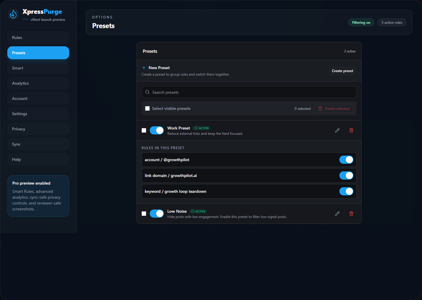 Expanded preset with rules