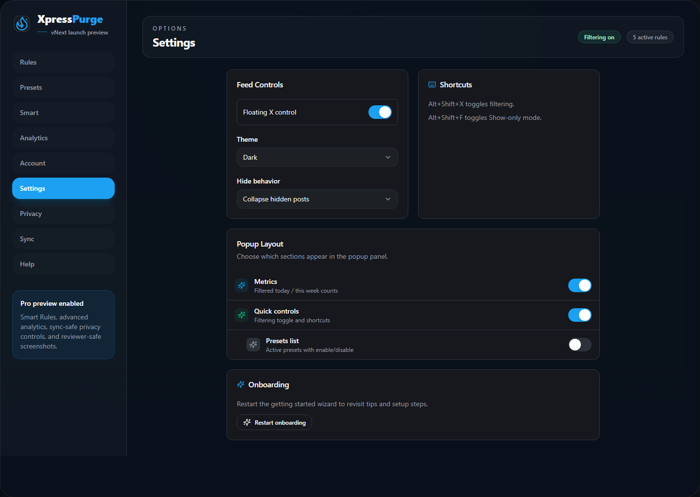 Settings tab in Options