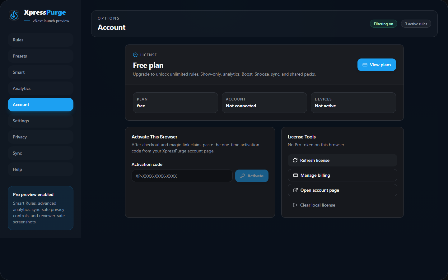 Free plan account page (vnext)